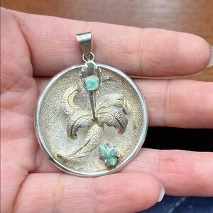 Silver and Gold Floral Pendant with Green Accents